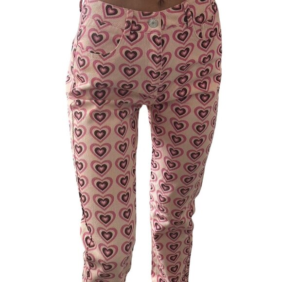 Edikted Pink Heart Print y2k High Waist Straight Leg Jeans - Picture 2 of 7